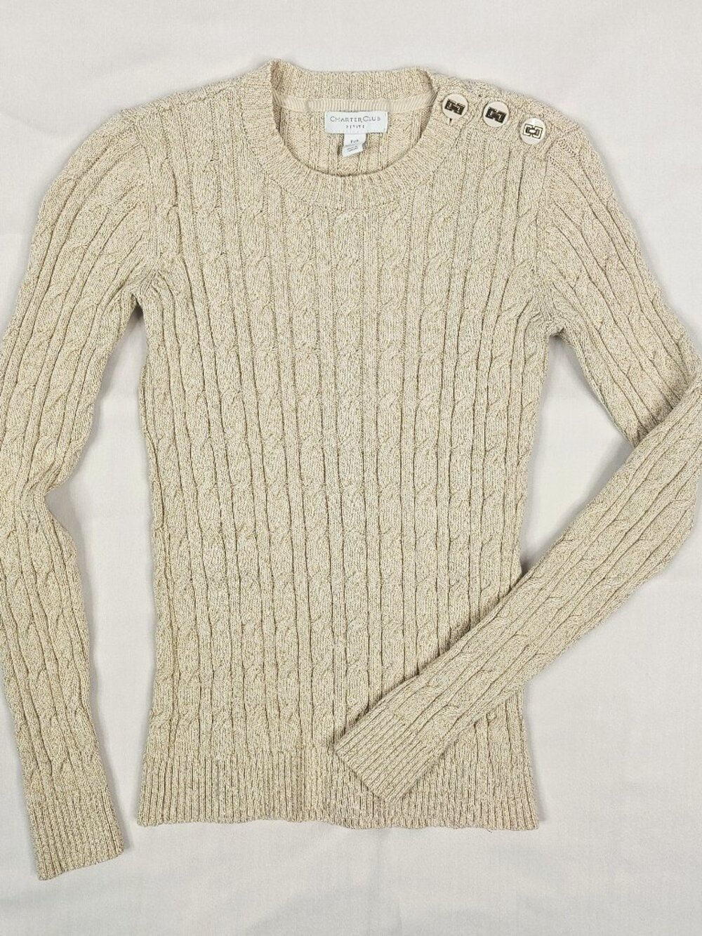 Charter Club | Gold Metallic Cable Knit Sweater | Ivory | Size Petite P